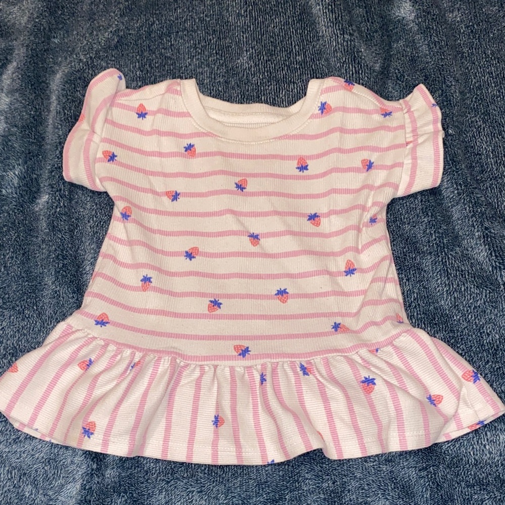 Cat & Jack Pink Striped Kids Top with Blue strawberry Design
